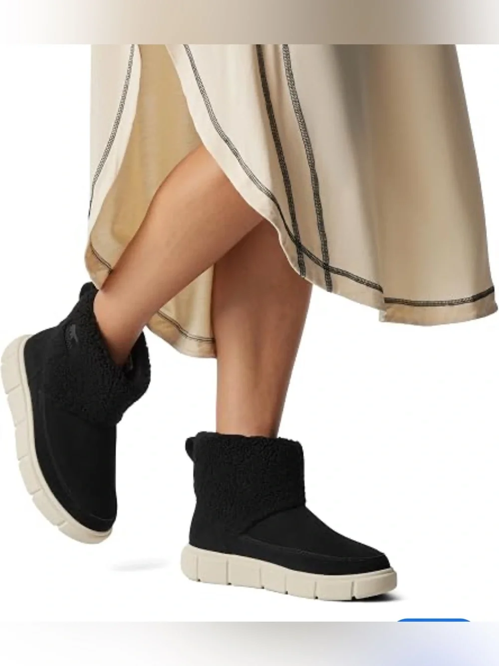 Sorel woman’s explorer 3 Black Suede Fold-Over Sherpa Boot with Cream Sole